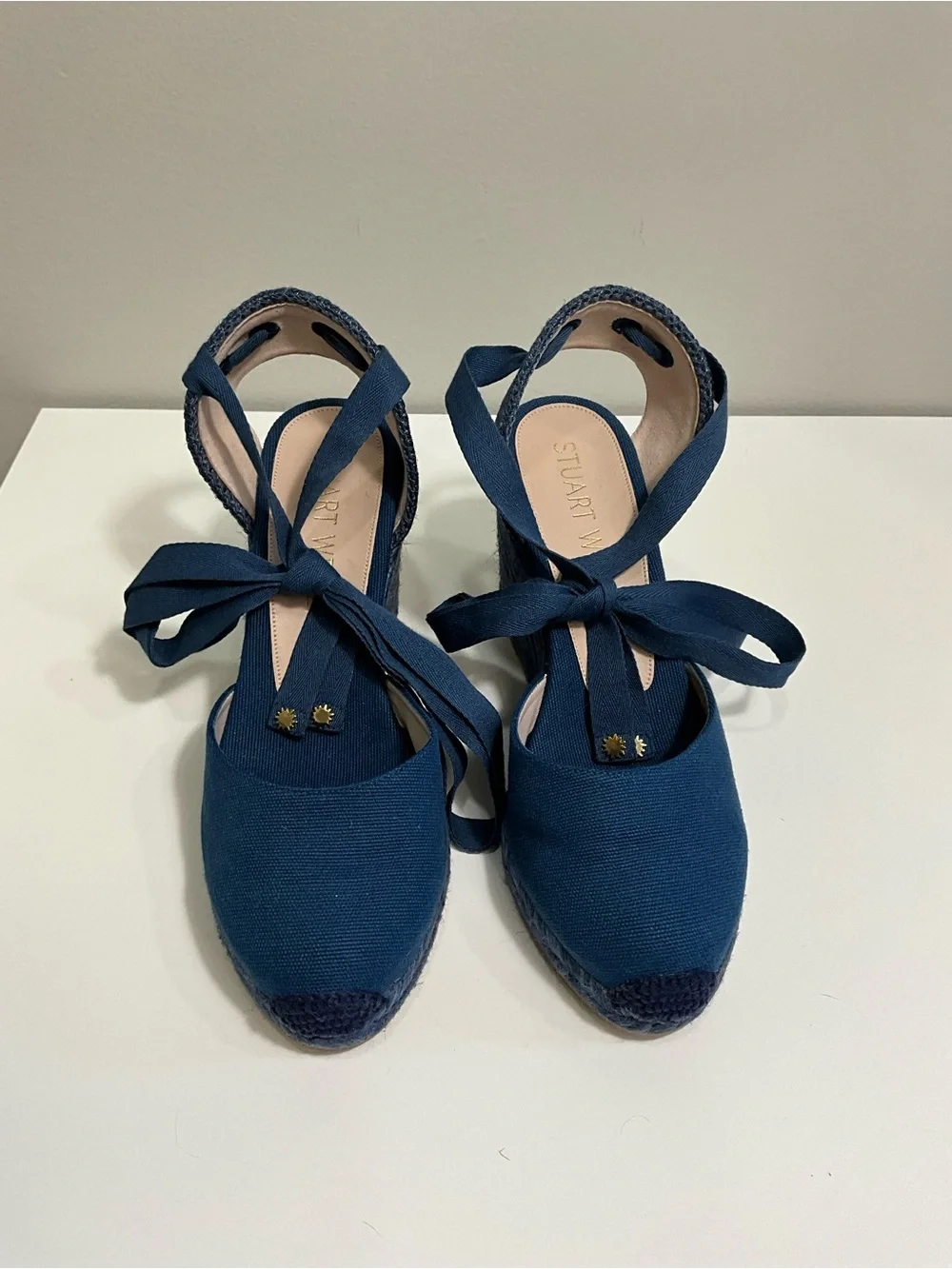 STUART WEITZMAN Marguerita Navy Canvas Espadrille Wedge Ankle Tie Sandals 8 - Picture 2 of 8